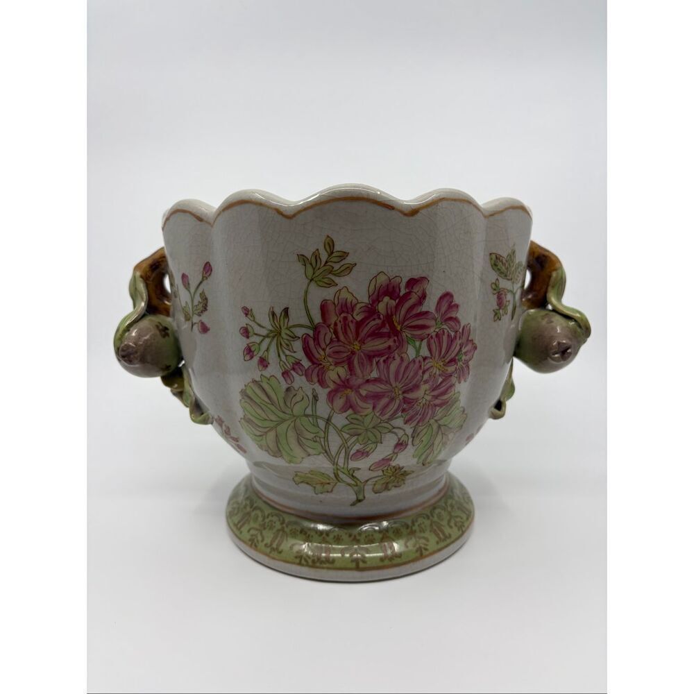 Vintage Chinese Jarndiniere Crackle Glazed Fruit Handles Hand Painted 7 Inches